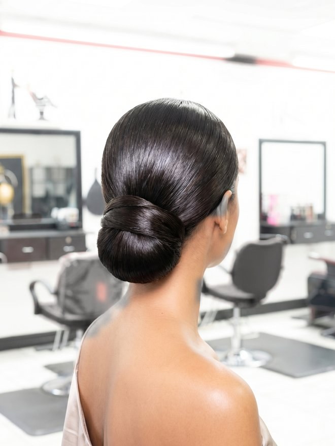 Elegant sleek event updo, Naples bridal and quinceañera hair